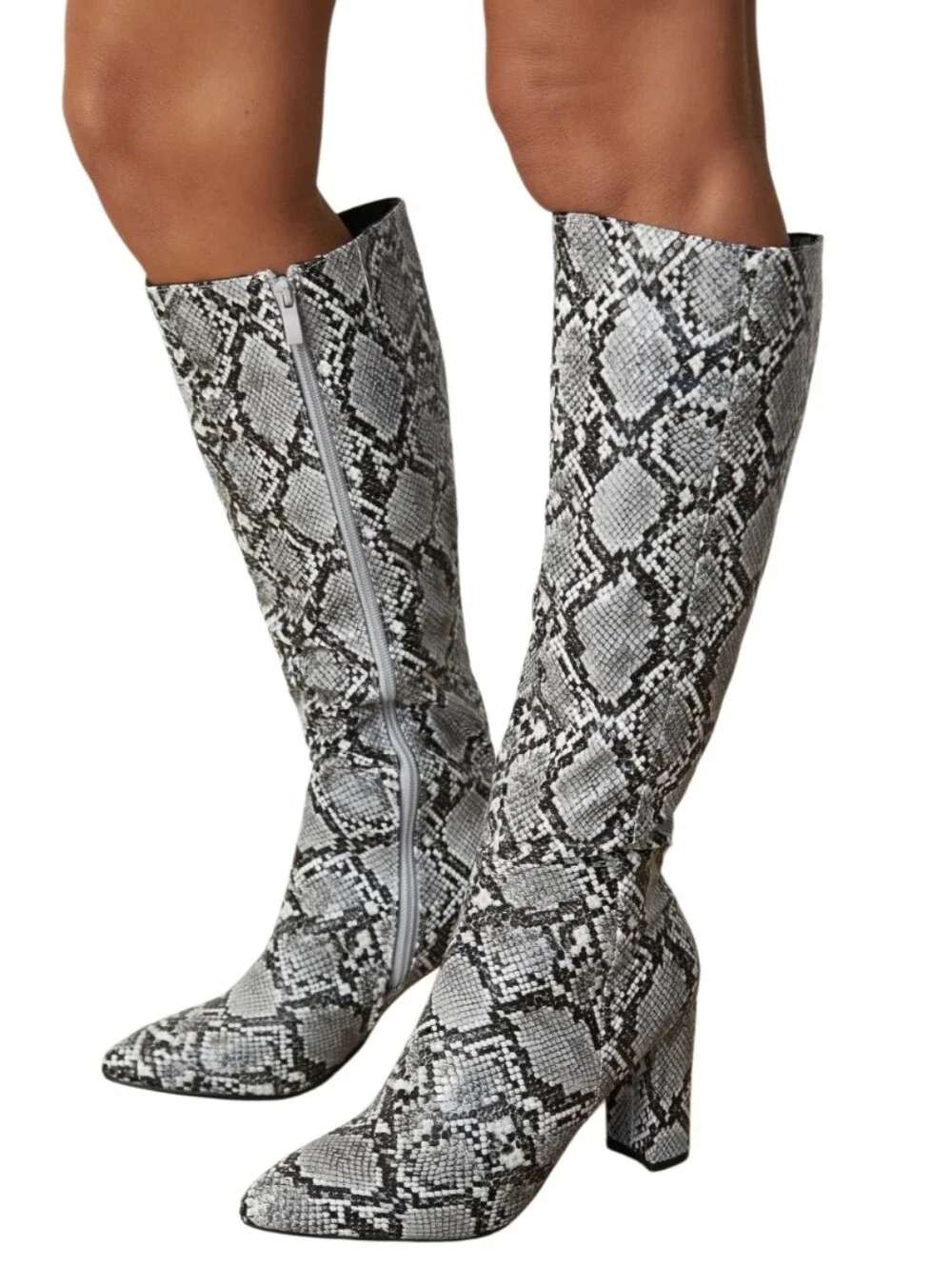 #sh04 Snake-Print Knee-High Pointed Toe Boots - Gray
